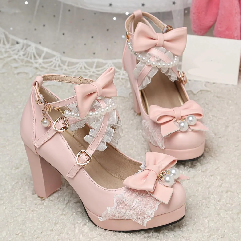DINTAHA Platform Mary Jane Heels Chunky Cute Gothic Lolita Dress Shoes Bow Platform Heels