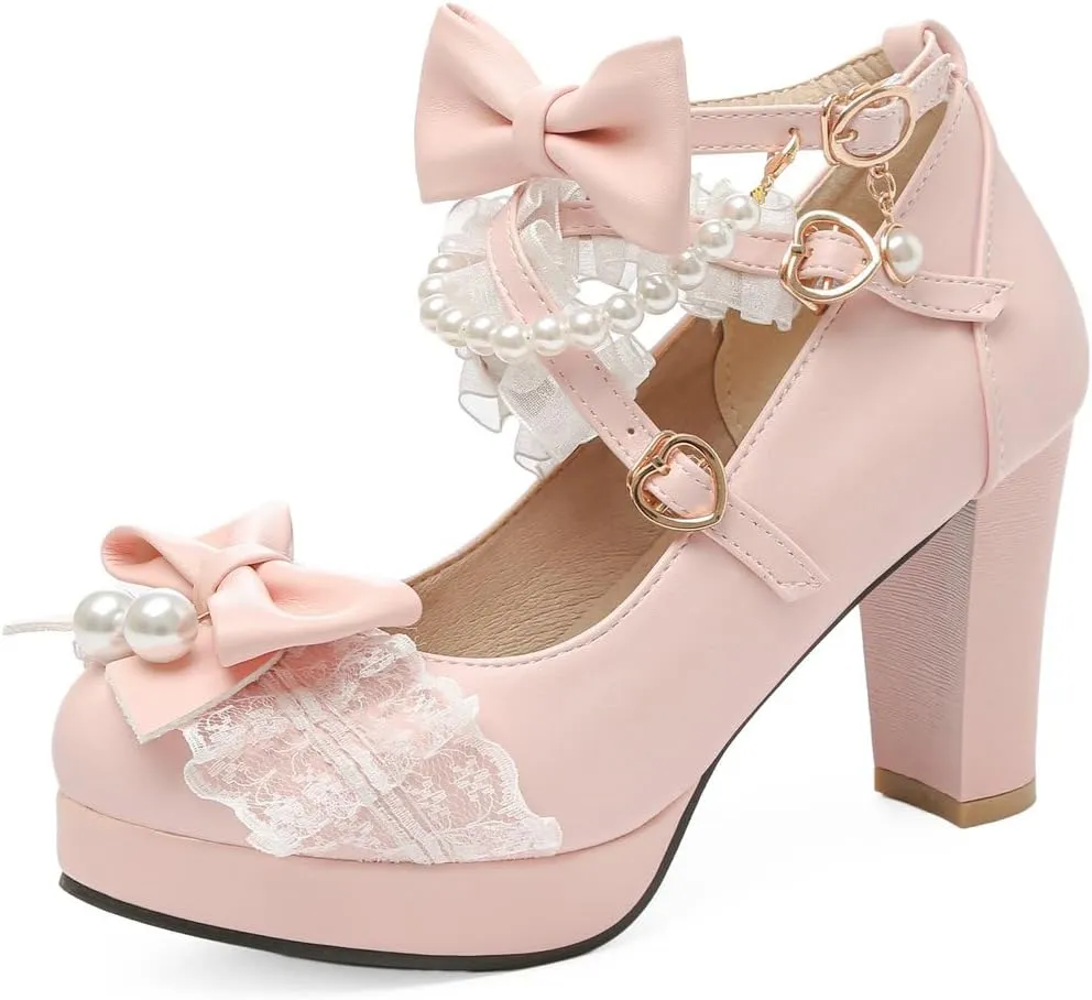 DINTAHA Platform Mary Jane Heels Chunky Cute Gothic Lolita Dress Shoes Bow Platform Heels