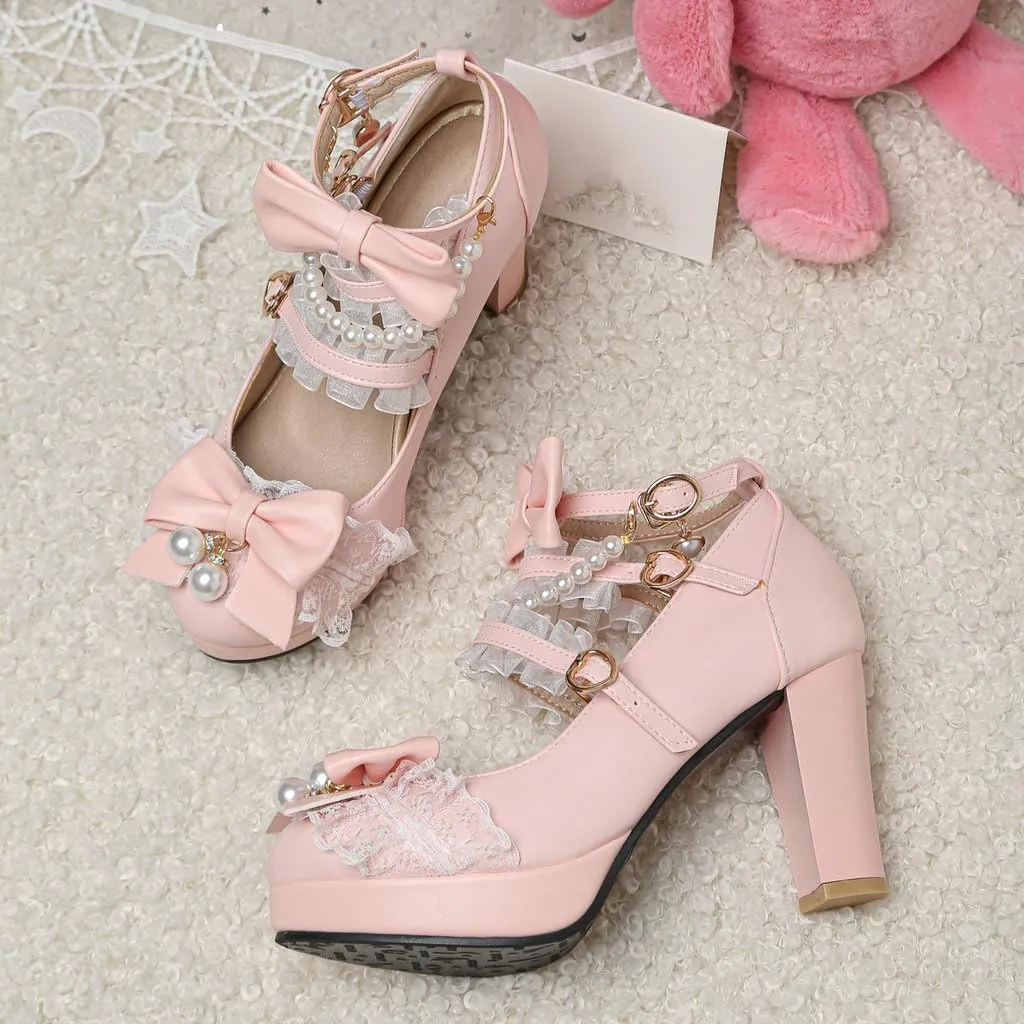 DINTAHA Platform Mary Jane Heels Chunky Cute Gothic Lolita Dress Shoes Bow Platform Heels