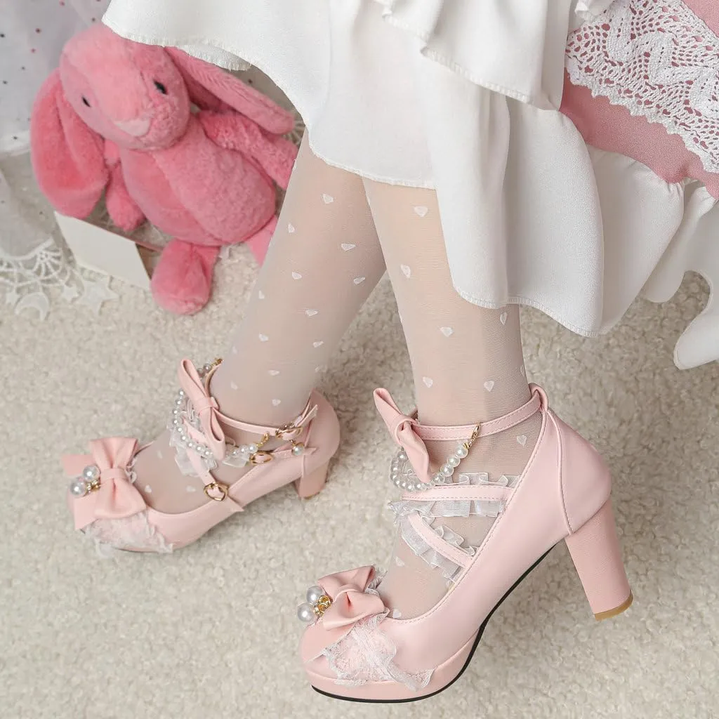 DINTAHA Platform Mary Jane Heels Chunky Cute Gothic Lolita Dress Shoes Bow Platform Heels