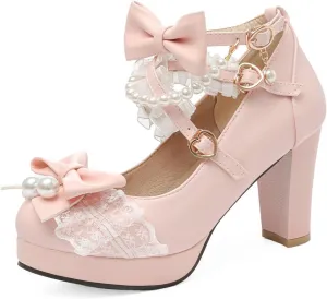 DINTAHA Platform Mary Jane Heels Chunky Cute Gothic Lolita Dress Shoes Bow Platform Heels