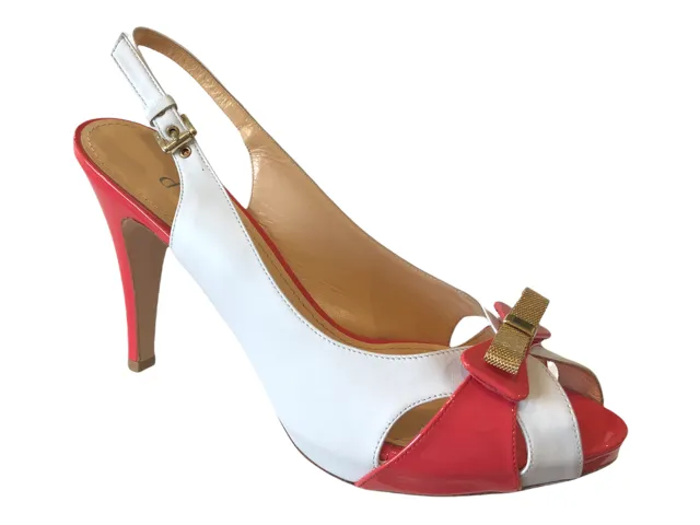 DYVA 8761  Coral & White Patent Leather Platform Sling Back High Heels
