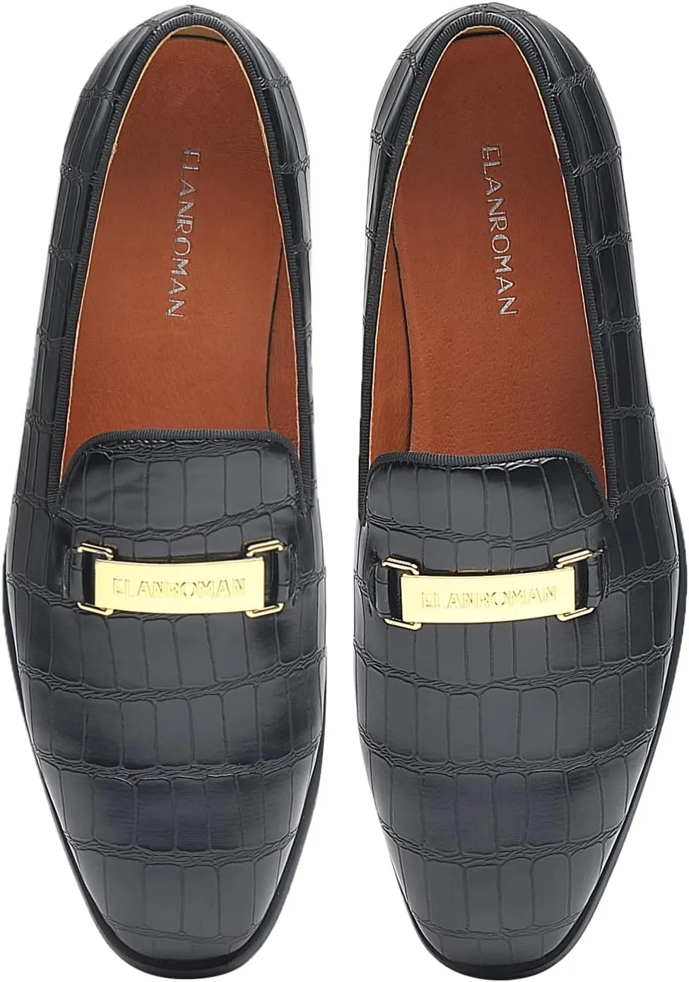 ELANROMAN Men's Gold Buckle Loafers Fashion Pull-on Penny Party Wedding Shoes