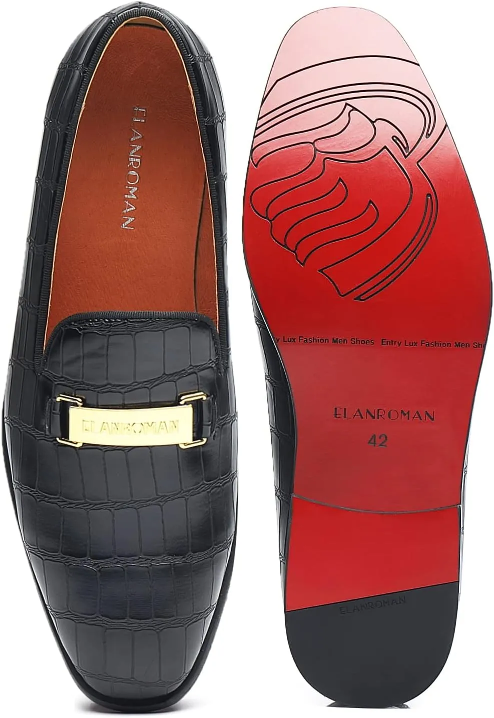 ELANROMAN Men's Gold Buckle Loafers Fashion Pull-on Penny Party Wedding Shoes