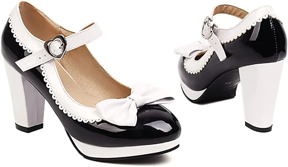Elbslutt Women's Patent Leather Chunky Mary Janes Platform Rockabilly Shoes Block Heels Ankle Strap Pumps Bow Vintage Shoes