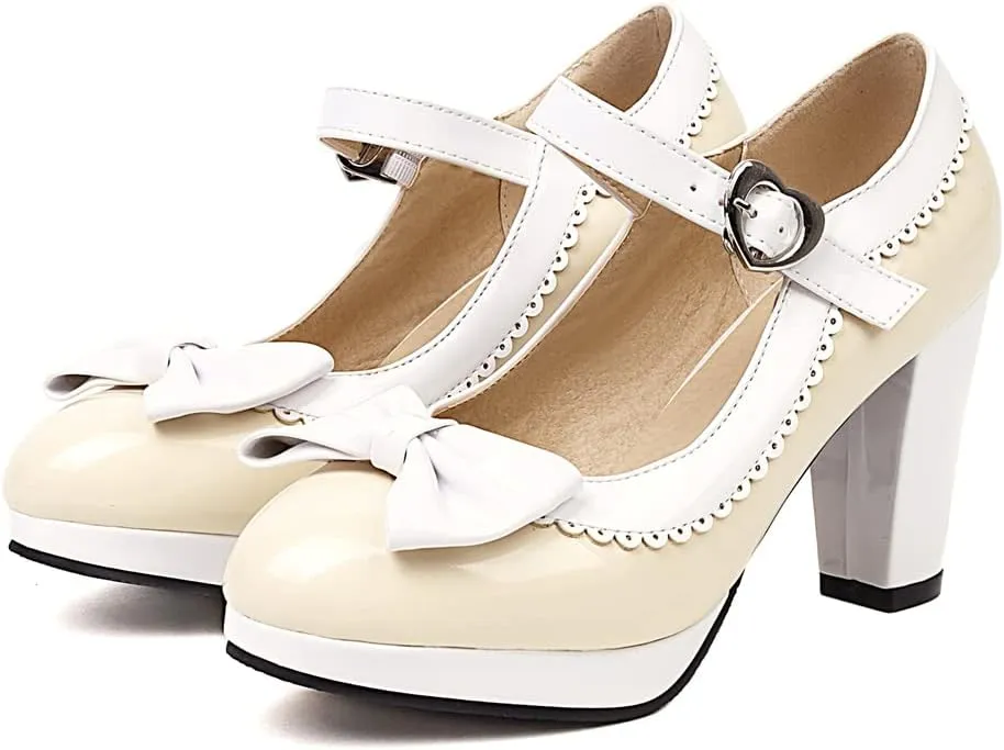 Elbslutt Women's Patent Leather Chunky Mary Janes Platform Rockabilly Shoes Block Heels Ankle Strap Pumps Bow Vintage Shoes