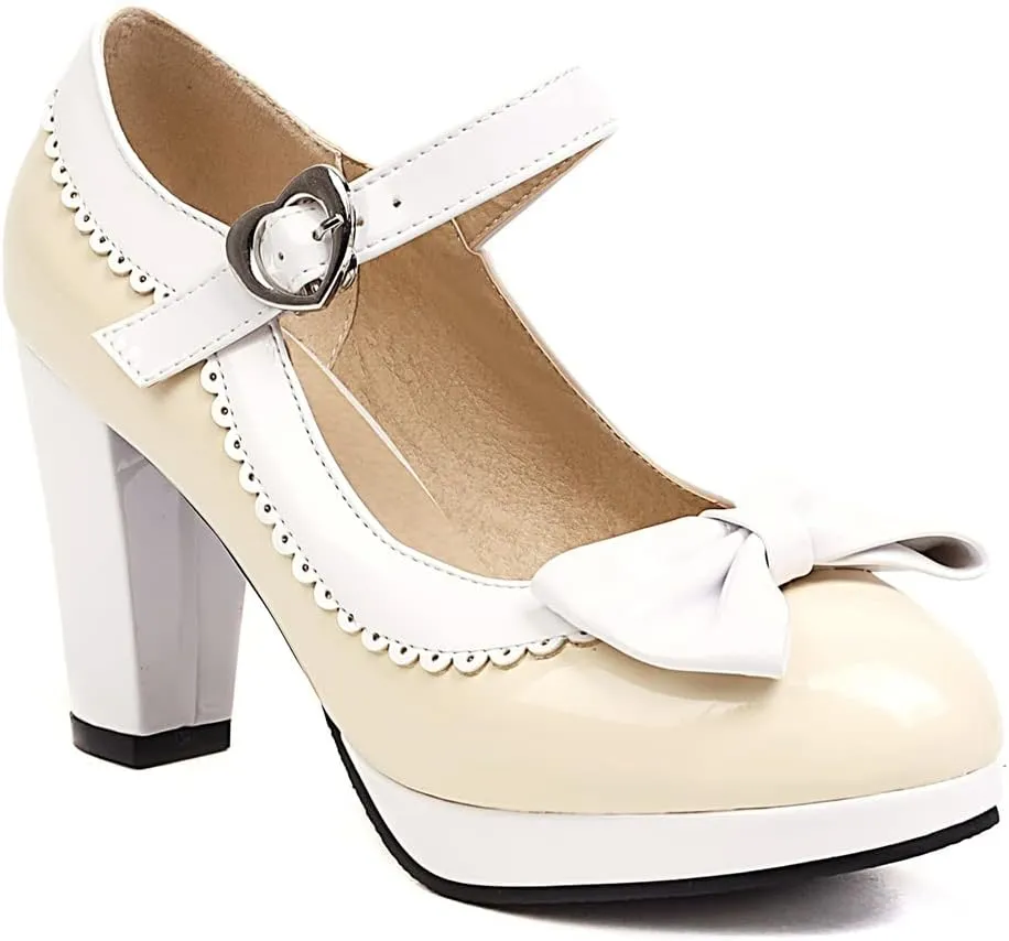 Elbslutt Women's Patent Leather Chunky Mary Janes Platform Rockabilly Shoes Block Heels Ankle Strap Pumps Bow Vintage Shoes