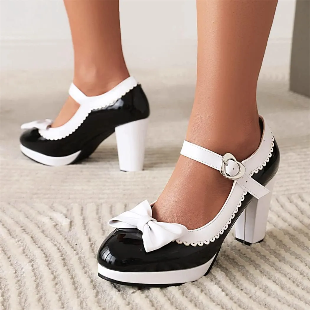 Elbslutt Women's Patent Leather Chunky Mary Janes Platform Rockabilly Shoes Block Heels Ankle Strap Pumps Bow Vintage Shoes