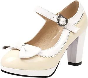 Elbslutt Women's Patent Leather Chunky Mary Janes Platform Rockabilly Shoes Block Heels Ankle Strap Pumps Bow Vintage Shoes