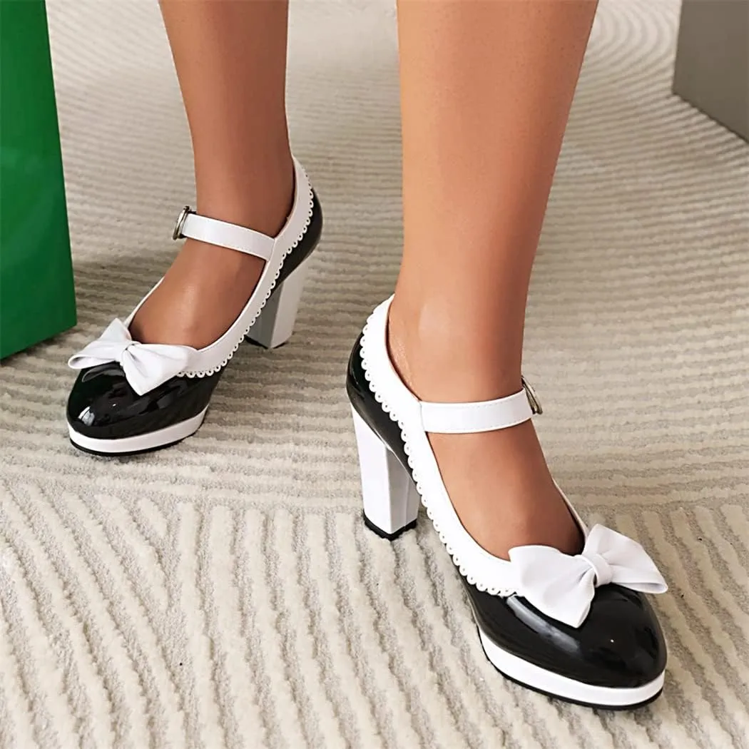 Elbslutt Women's Patent Leather Chunky Mary Janes Platform Rockabilly Shoes Block Heels Ankle Strap Pumps Bow Vintage Shoes
