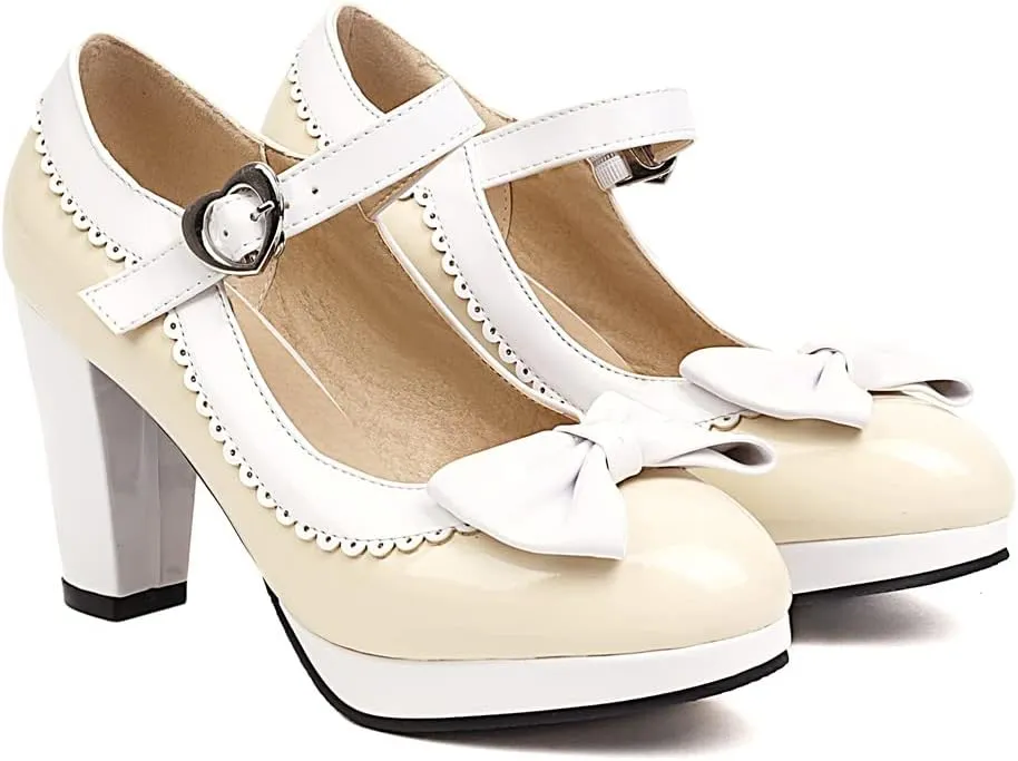 Elbslutt Women's Patent Leather Chunky Mary Janes Platform Rockabilly Shoes Block Heels Ankle Strap Pumps Bow Vintage Shoes
