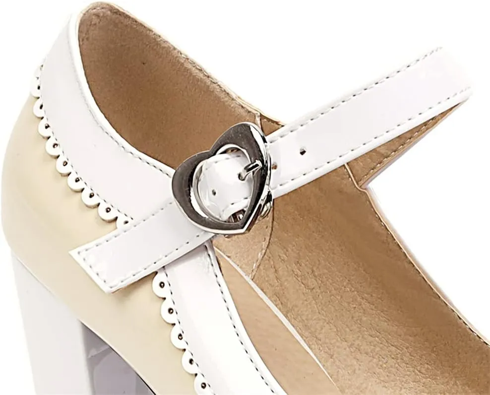 Elbslutt Women's Patent Leather Chunky Mary Janes Platform Rockabilly Shoes Block Heels Ankle Strap Pumps Bow Vintage Shoes