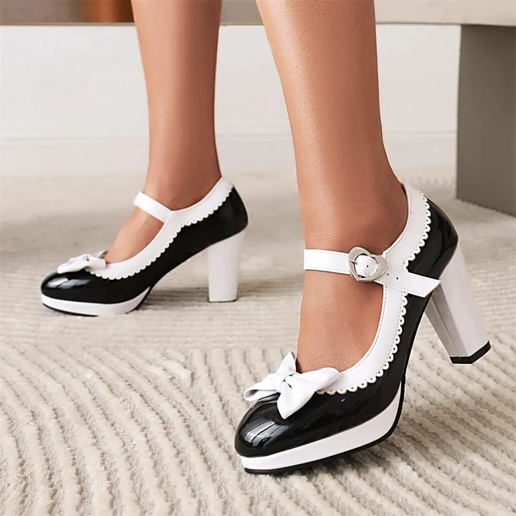 Elbslutt Women's Patent Leather Chunky Mary Janes Platform Rockabilly Shoes Block Heels Ankle Strap Pumps Bow Vintage Shoes