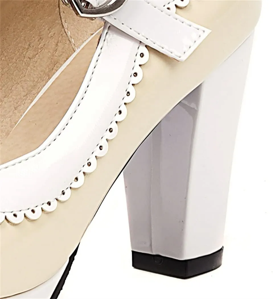Elbslutt Women's Patent Leather Chunky Mary Janes Platform Rockabilly Shoes Block Heels Ankle Strap Pumps Bow Vintage Shoes