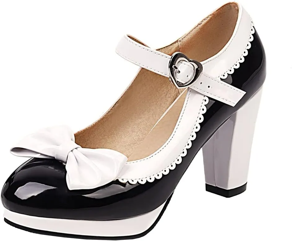 Elbslutt Women's Patent Leather Chunky Mary Janes Platform Rockabilly Shoes Block Heels Ankle Strap Pumps Bow Vintage Shoes