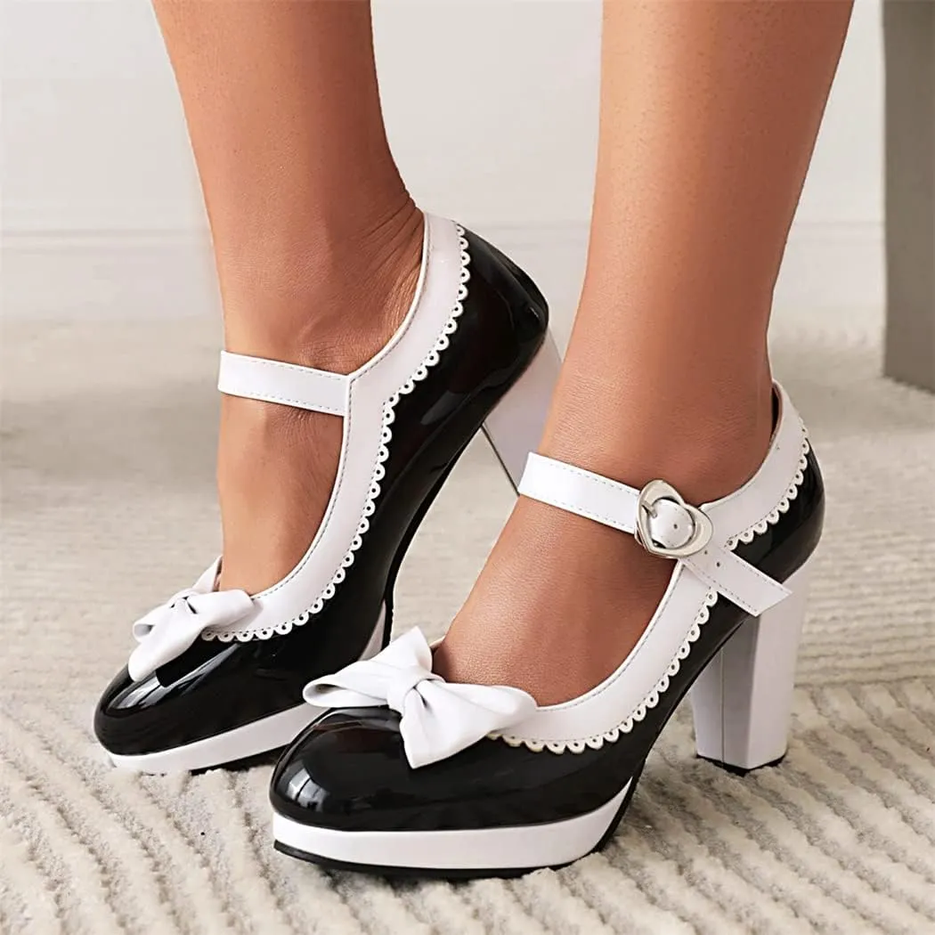 Elbslutt Women's Patent Leather Chunky Mary Janes Platform Rockabilly Shoes Block Heels Ankle Strap Pumps Bow Vintage Shoes