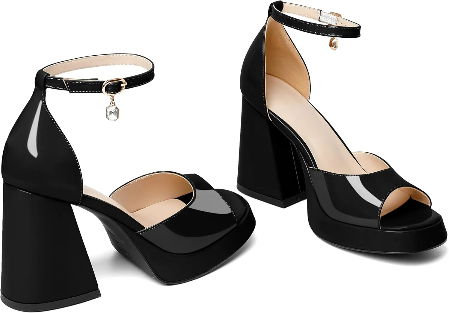 Eldof Platform Chunky Heels for Women Open Toe Heeled Sandals Ankle Strap Chunky High Heels Wedding Event Party Dress Shoes 4 Inches