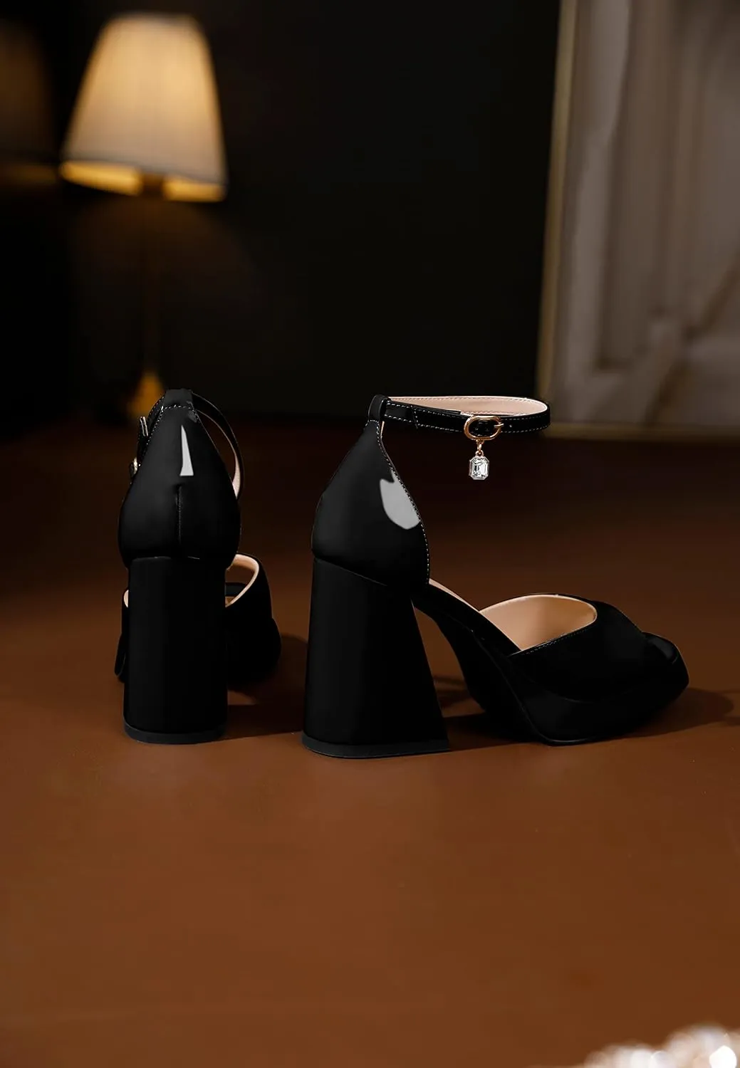 Eldof Platform Chunky Heels for Women Open Toe Heeled Sandals Ankle Strap Chunky High Heels Wedding Event Party Dress Shoes 4 Inches