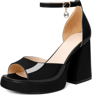 Eldof Platform Chunky Heels for Women Open Toe Heeled Sandals Ankle Strap Chunky High Heels Wedding Event Party Dress Shoes 4 Inches