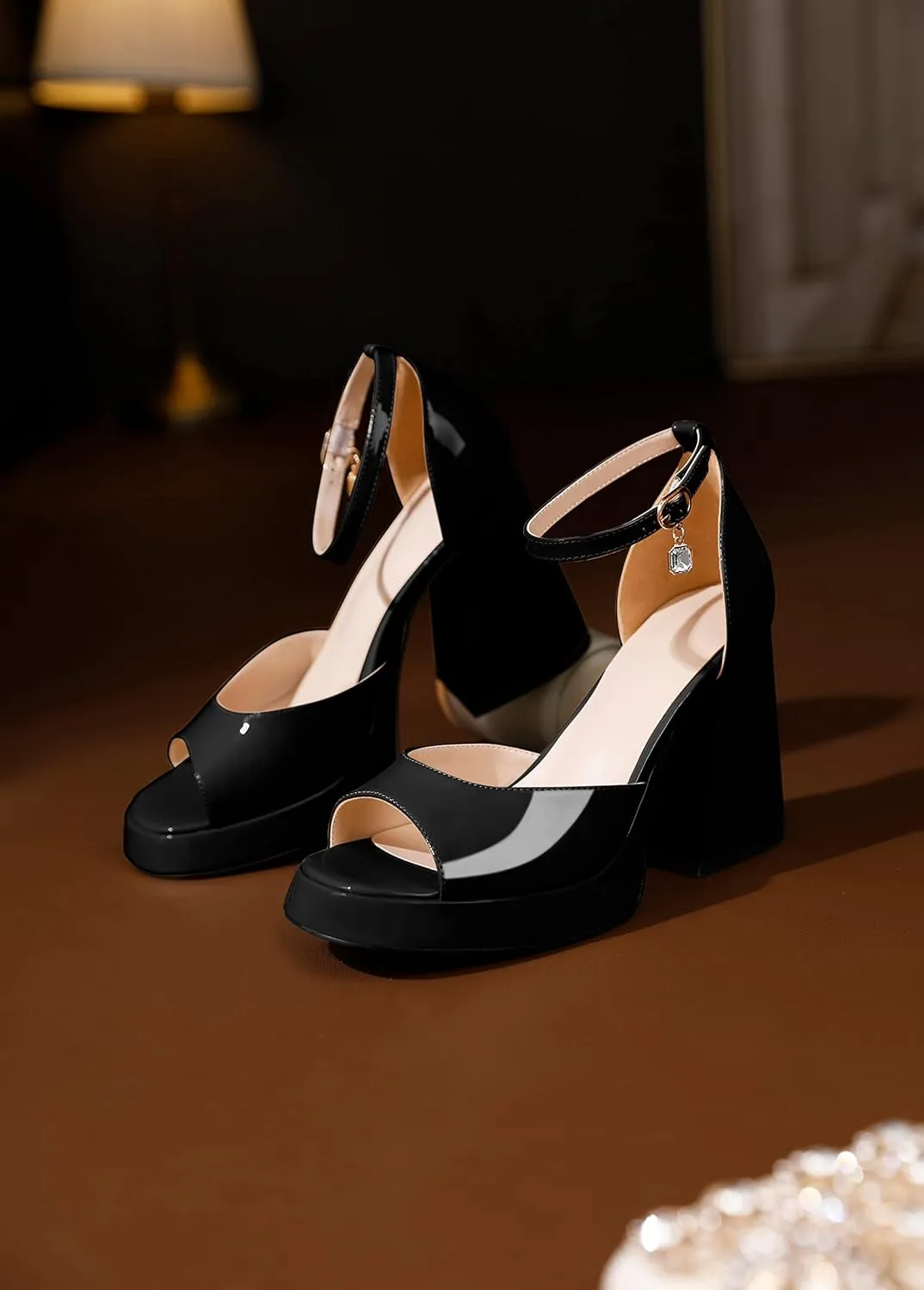 Eldof Platform Chunky Heels for Women Open Toe Heeled Sandals Ankle Strap Chunky High Heels Wedding Event Party Dress Shoes 4 Inches
