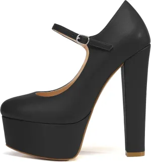 Eldof Women's Round Closed Toe Platform Mary Jane Pumps Block Chunky High Heel Sexy Wedding Dressy Shoes 6 Inches