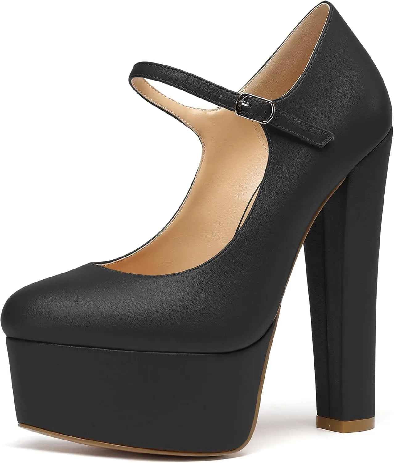 Eldof Women's Round Closed Toe Platform Mary Jane Pumps Block Chunky High Heel Sexy Wedding Dressy Shoes 6 Inches