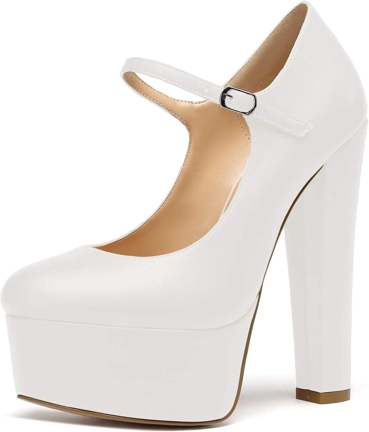 Eldof Women's Round Closed Toe Platform Mary Jane Pumps Block Chunky High Heel Sexy Wedding Dressy Shoes 6 Inches