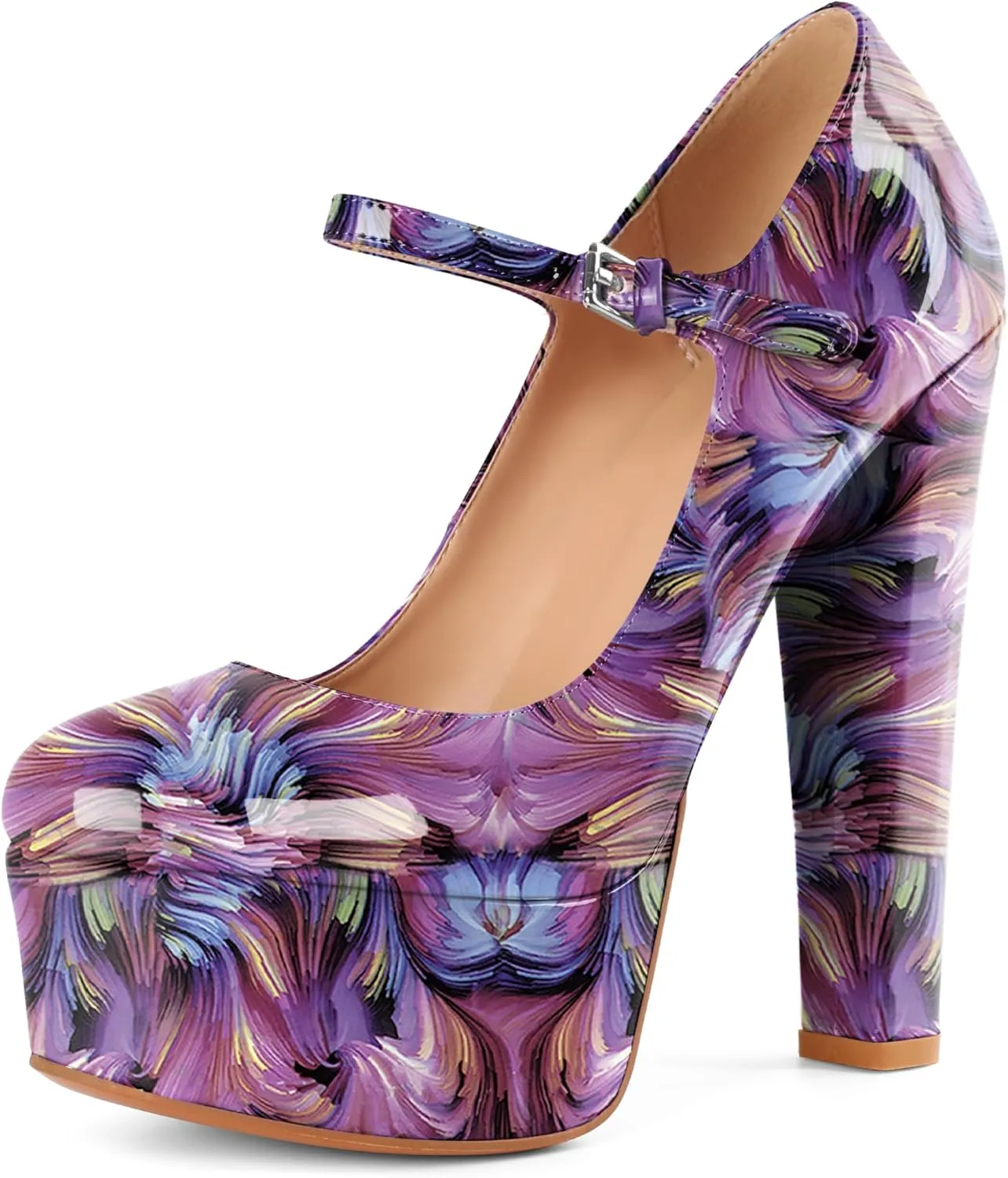 Eldof Women's Round Closed Toe Platform Mary Jane Pumps Block Chunky High Heel Sexy Wedding Dressy Shoes 6 Inches
