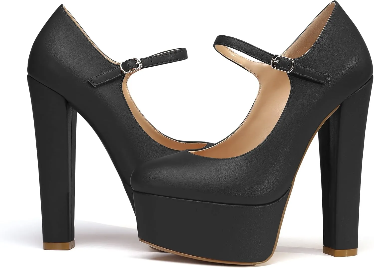 Eldof Women's Round Closed Toe Platform Mary Jane Pumps Block Chunky High Heel Sexy Wedding Dressy Shoes 6 Inches
