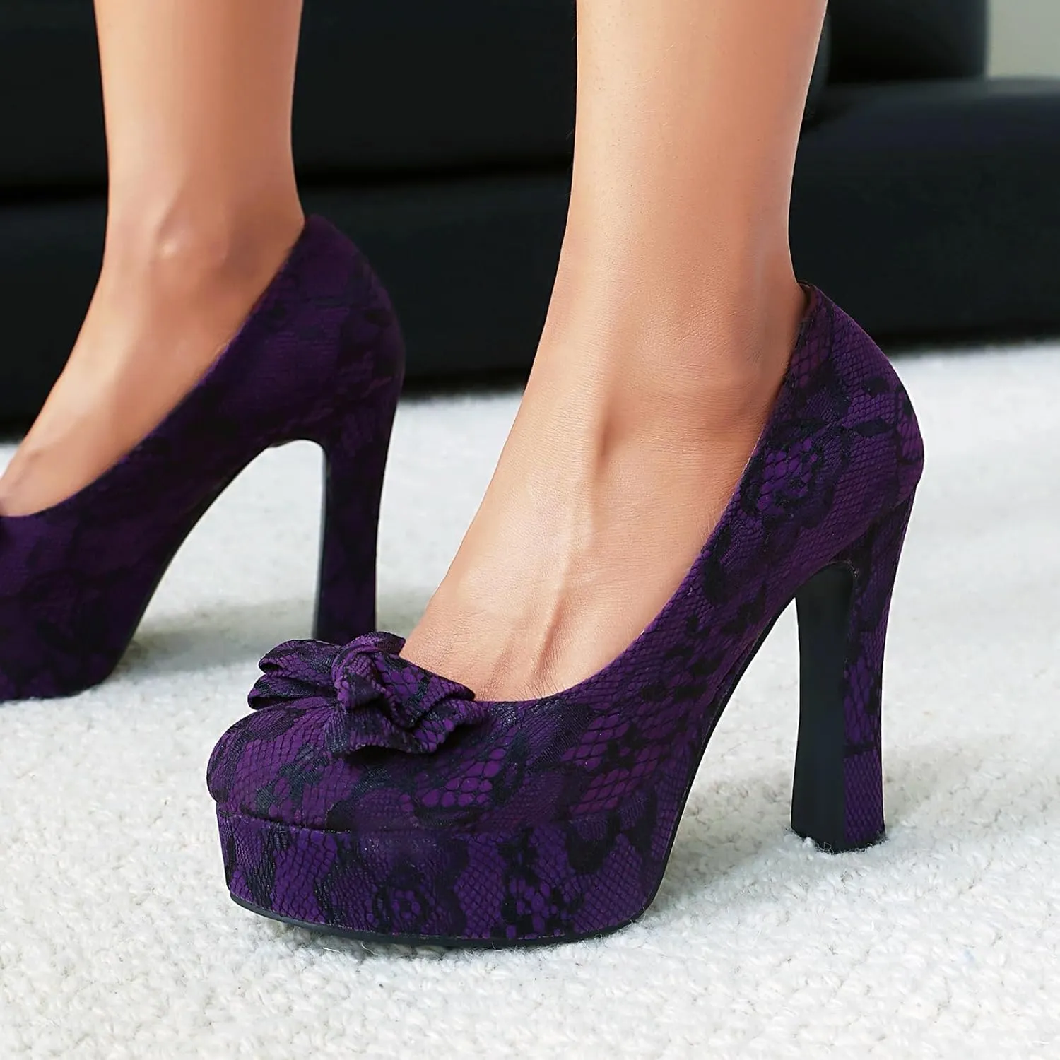 Elerhythm Women's Mary Jane Closed Toe Elegantes Gothic Lace Pumps Sweet Bow Platform High Heels Shoes