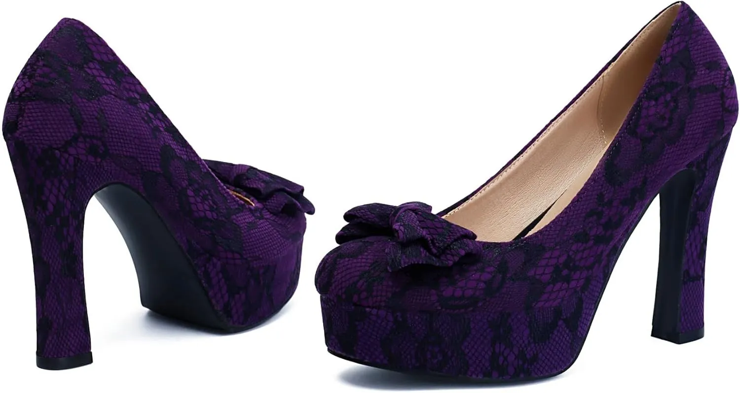 Elerhythm Women's Mary Jane Closed Toe Elegantes Gothic Lace Pumps Sweet Bow Platform High Heels Shoes