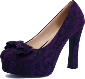 Elerhythm Women's Mary Jane Closed Toe Elegantes Gothic Lace Pumps Sweet Bow Platform High Heels Shoes