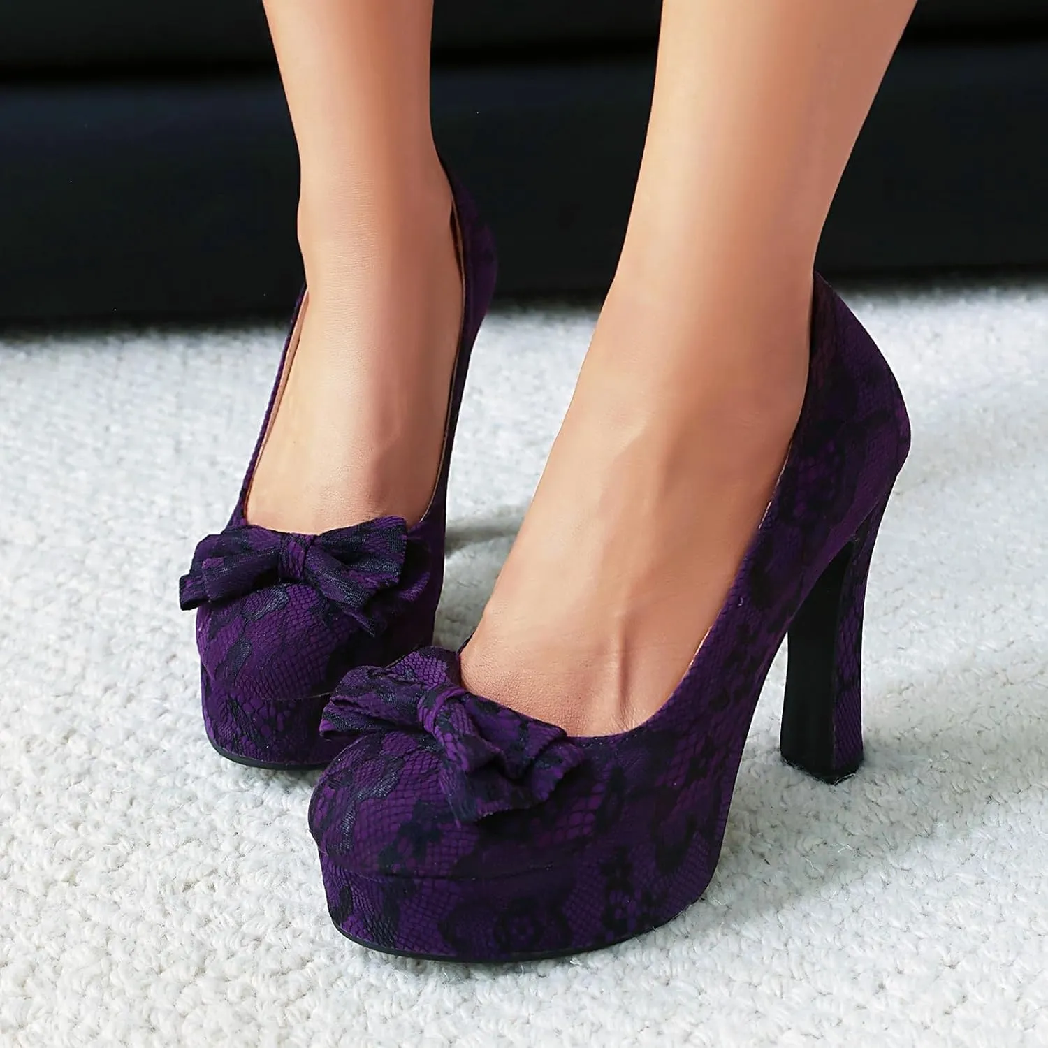 Elerhythm Women's Mary Jane Closed Toe Elegantes Gothic Lace Pumps Sweet Bow Platform High Heels Shoes