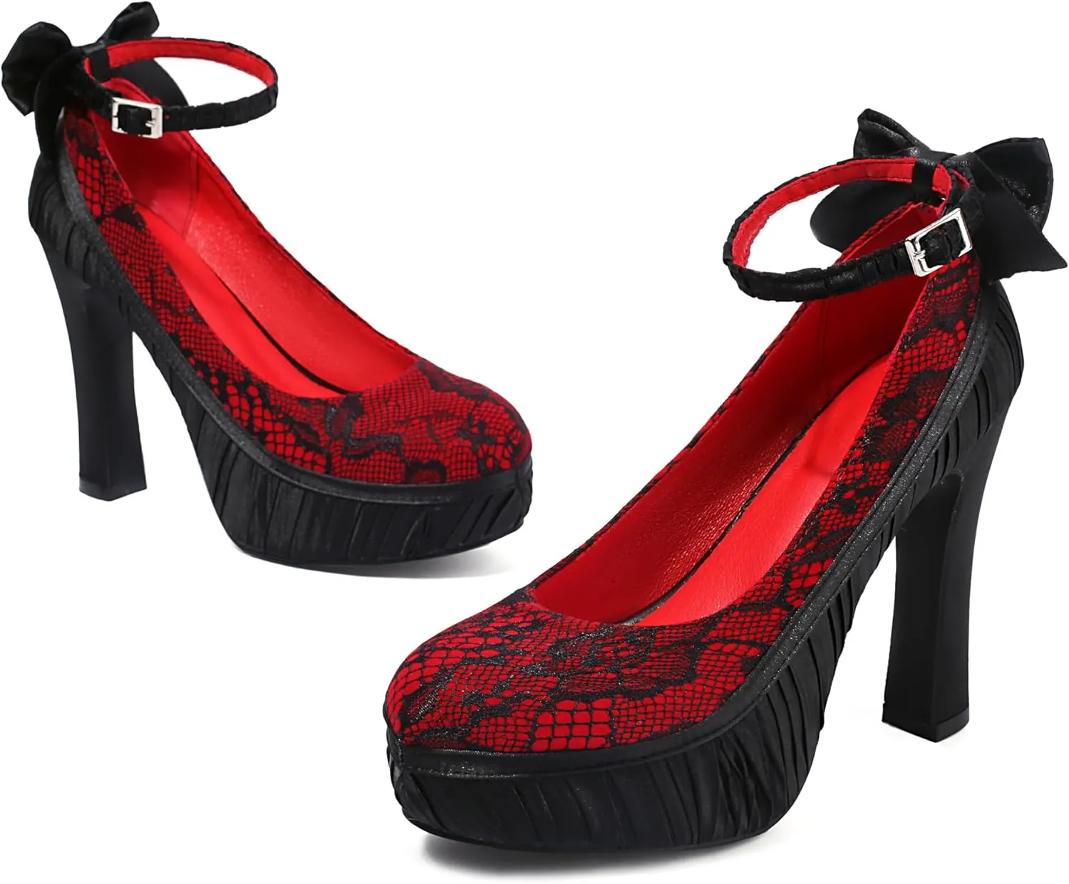 Elerhythm Women's Mary Jane Punk Closed Toe Lace Flower Elegantes Gothic Pumps Sweet Bow Platform High Heels Shoes