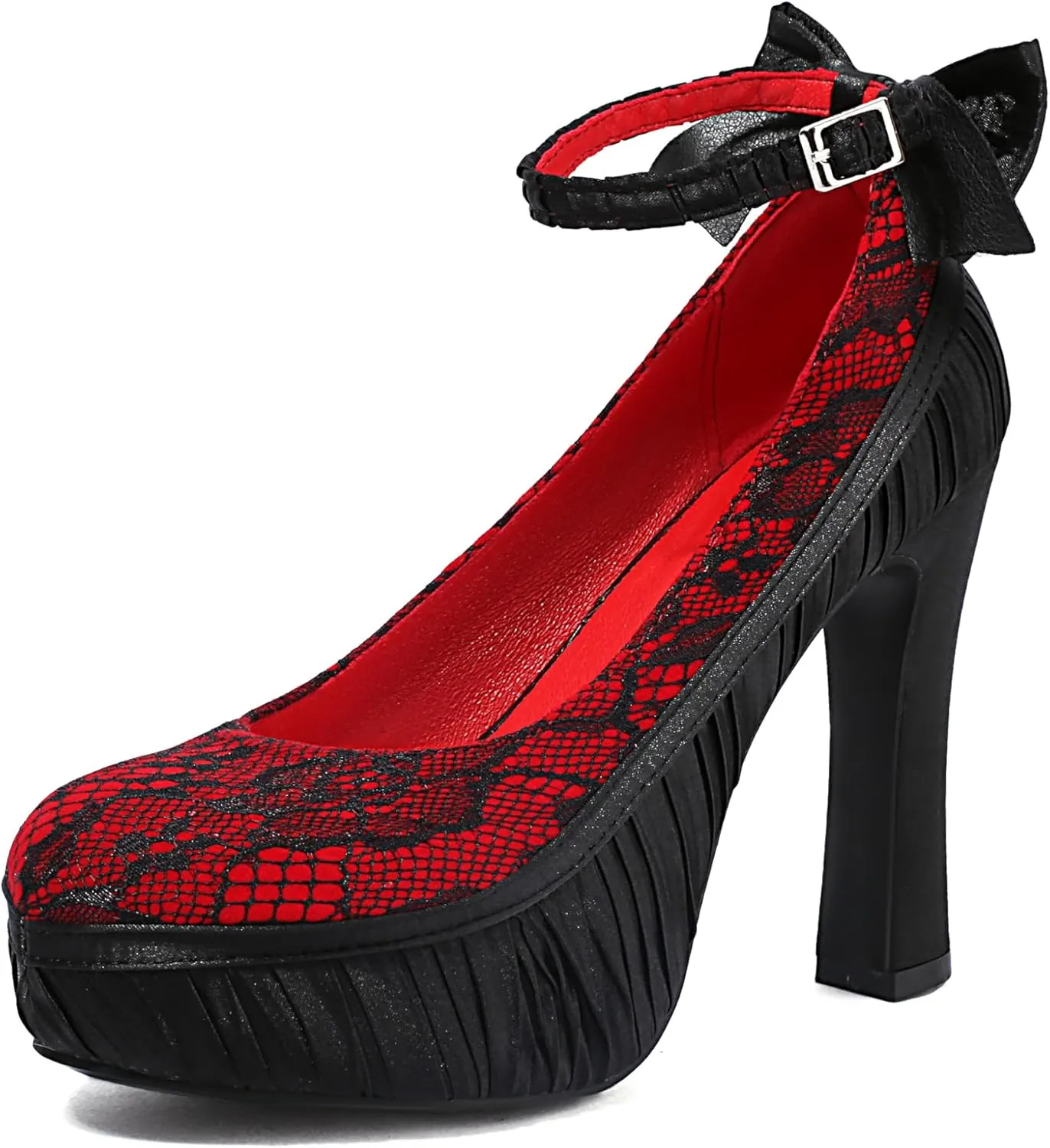 Elerhythm Women's Mary Jane Punk Closed Toe Lace Flower Elegantes Gothic Pumps Sweet Bow Platform High Heels Shoes