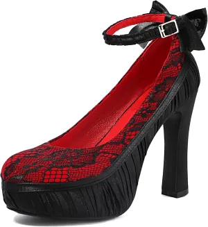 Elerhythm Women's Mary Jane Punk Closed Toe Lace Flower Elegantes Gothic Pumps Sweet Bow Platform High Heels Shoes
