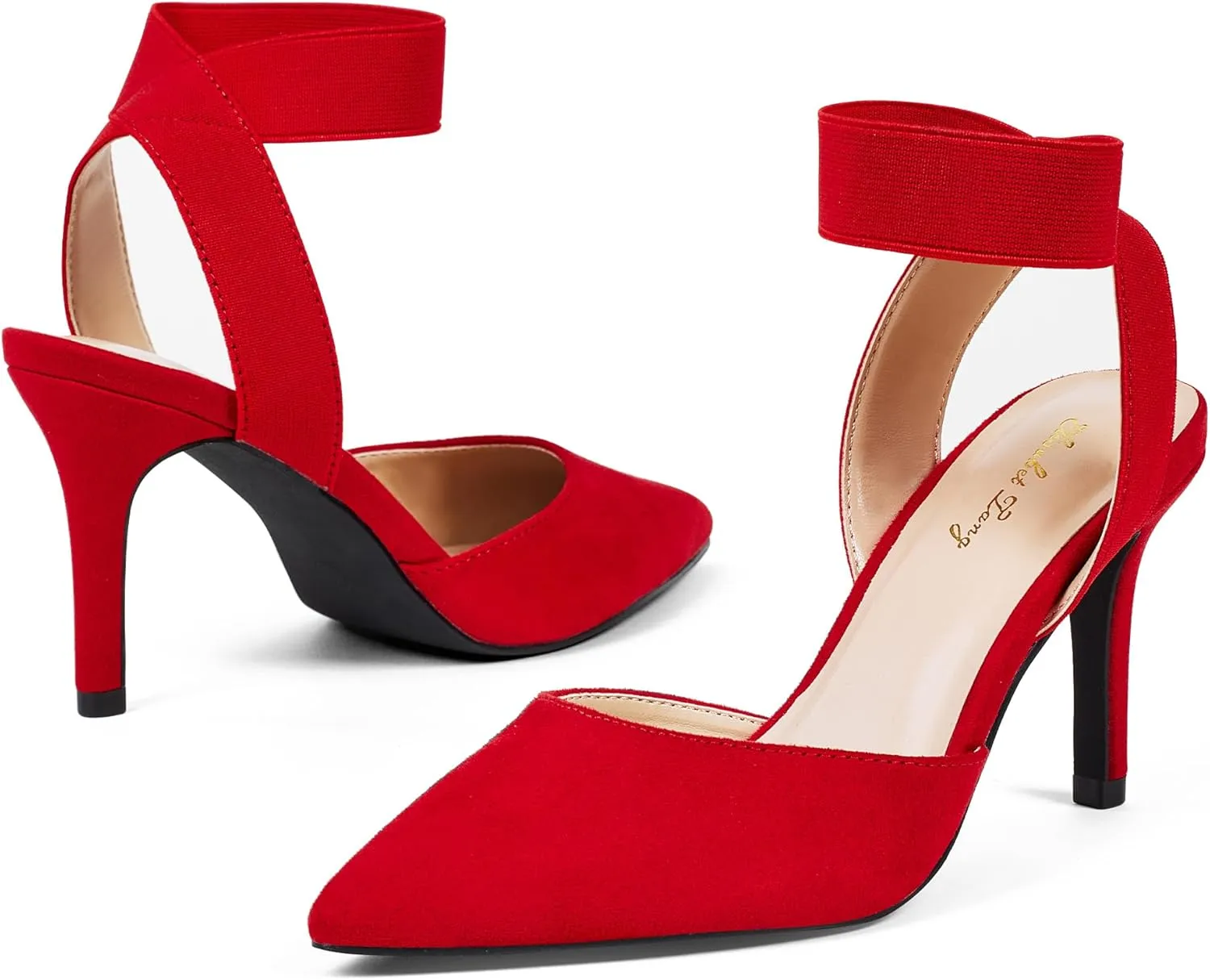 Elisabet Tang 3IN Elastic Bungee Ankle Strap Closed Toe Pumps for Women Suede Pointed Crossing Strappy Mid Heel Stiletto Pumps Sexy