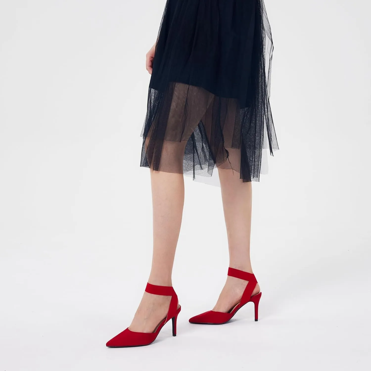 Elisabet Tang 3IN Elastic Bungee Ankle Strap Closed Toe Pumps for Women Suede Pointed Crossing Strappy Mid Heel Stiletto Pumps Sexy