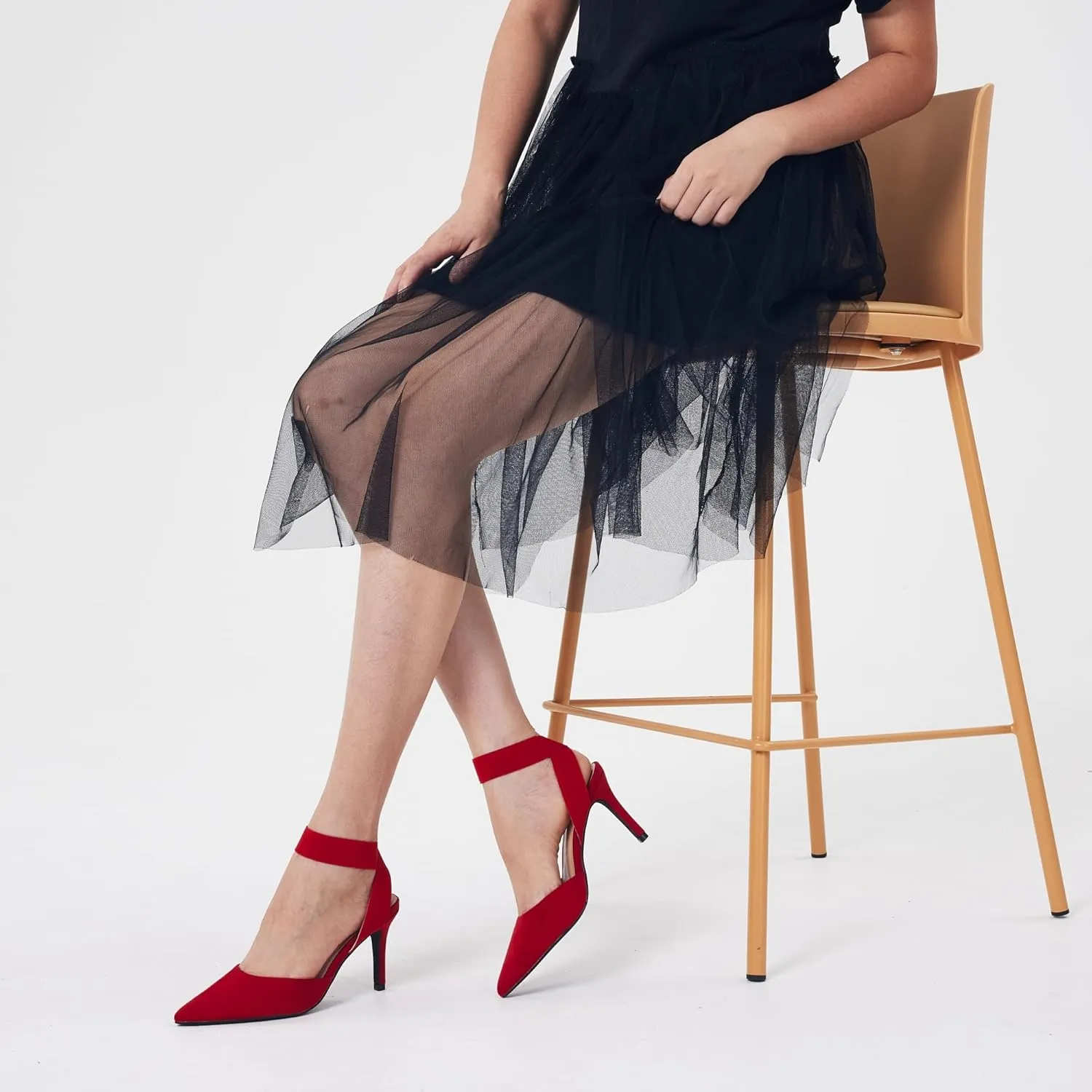 Elisabet Tang 3IN Elastic Bungee Ankle Strap Closed Toe Pumps for Women Suede Pointed Crossing Strappy Mid Heel Stiletto Pumps Sexy