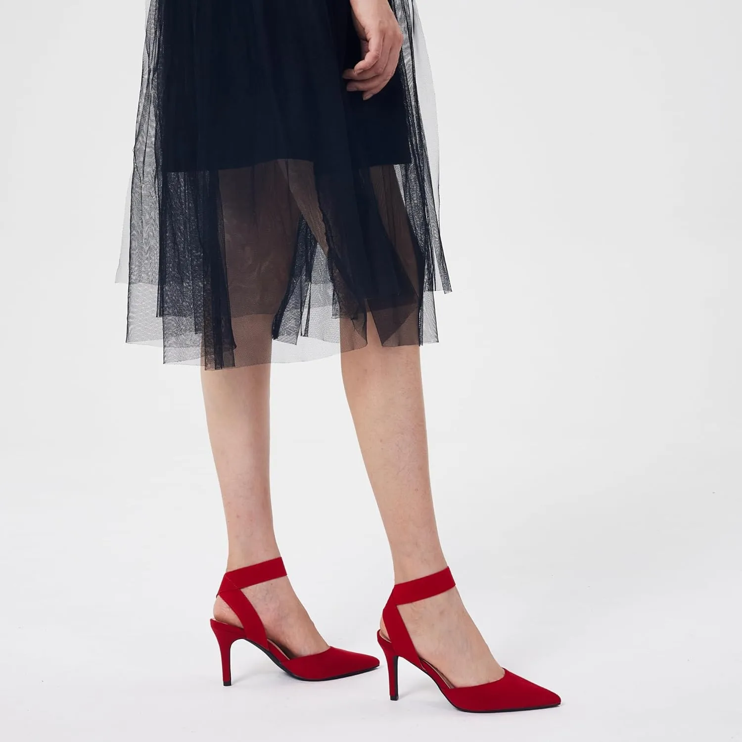 Elisabet Tang 3IN Elastic Bungee Ankle Strap Closed Toe Pumps for Women Suede Pointed Crossing Strappy Mid Heel Stiletto Pumps Sexy