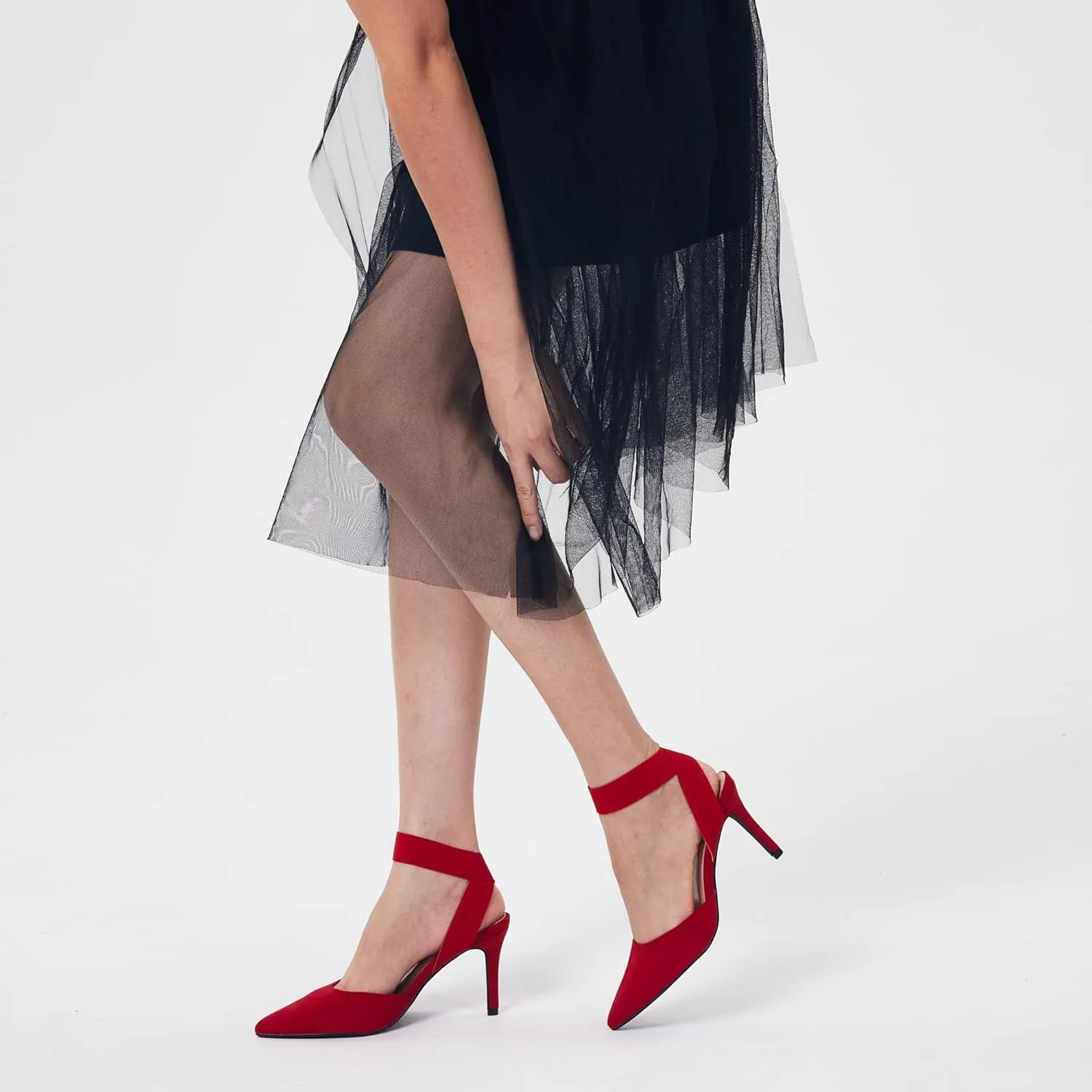 Elisabet Tang 3IN Elastic Bungee Ankle Strap Closed Toe Pumps for Women Suede Pointed Crossing Strappy Mid Heel Stiletto Pumps Sexy