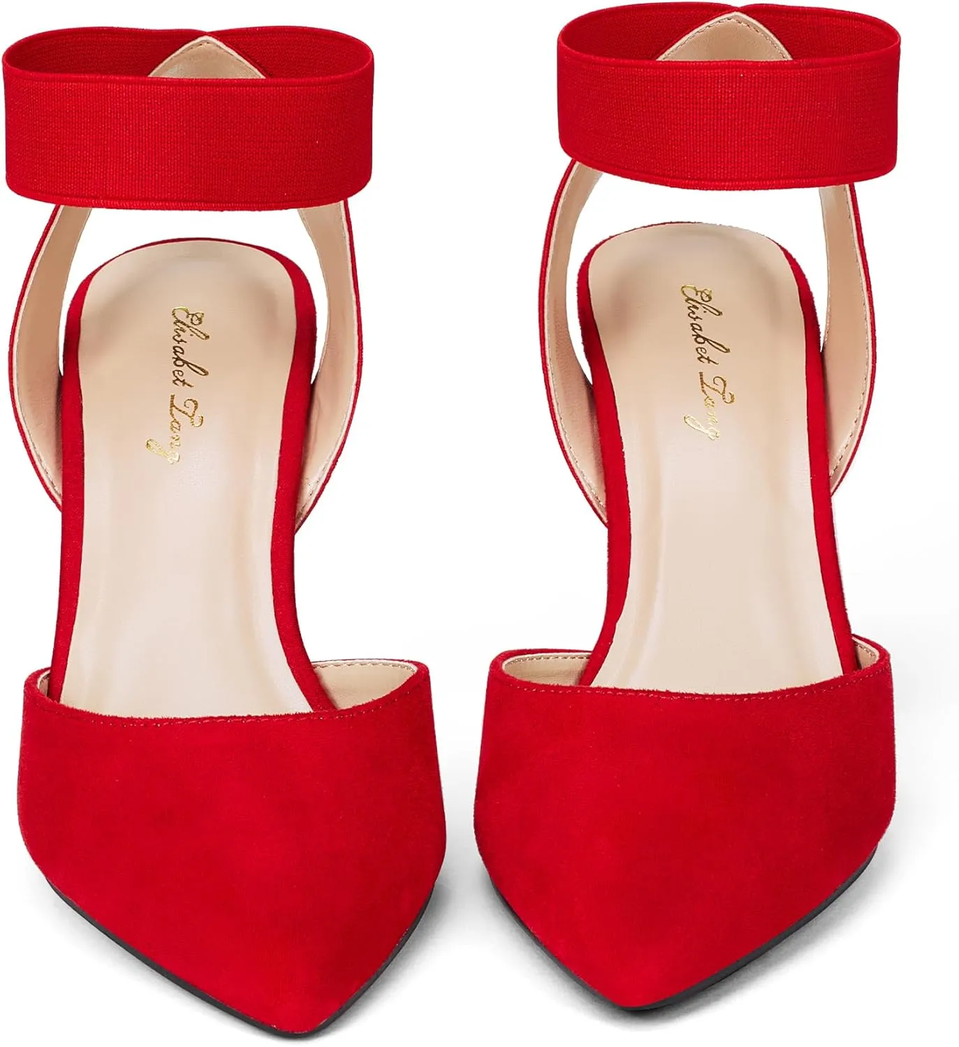 Elisabet Tang 3IN Elastic Bungee Ankle Strap Closed Toe Pumps for Women Suede Pointed Crossing Strappy Mid Heel Stiletto Pumps Sexy