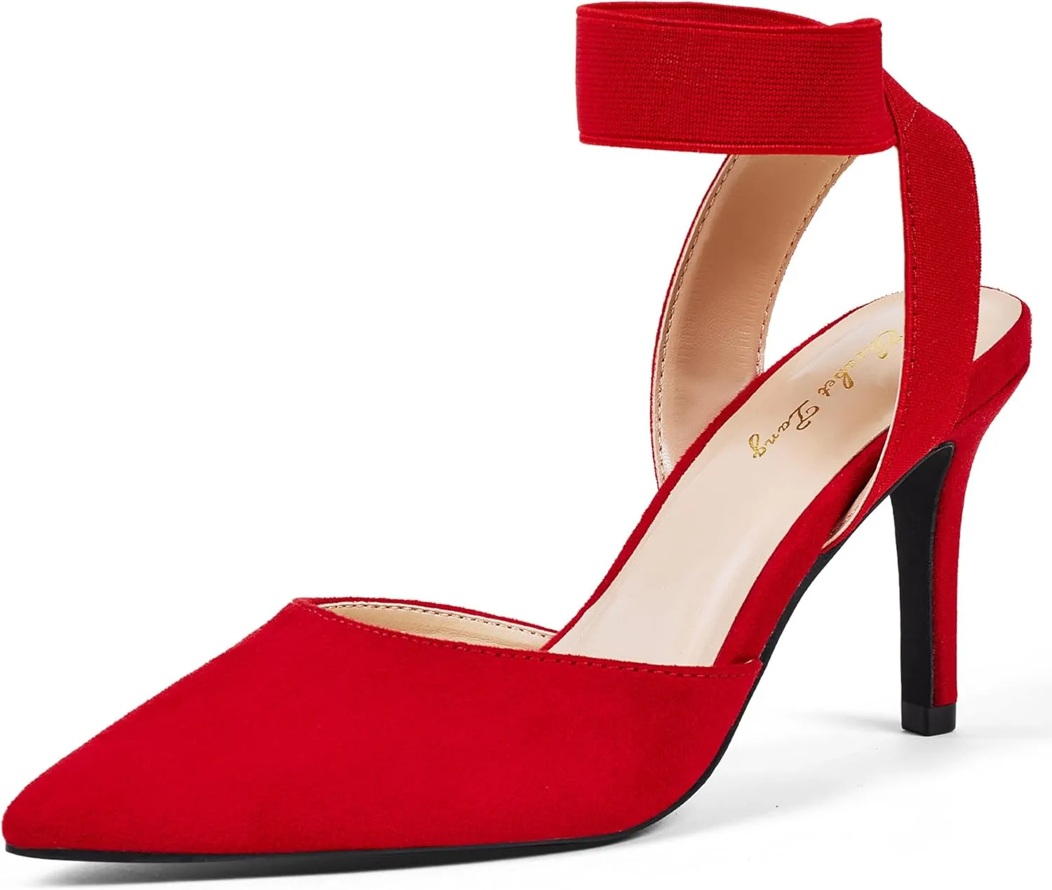 Elisabet Tang 3IN Elastic Bungee Ankle Strap Closed Toe Pumps for Women Suede Pointed Crossing Strappy Mid Heel Stiletto Pumps Sexy