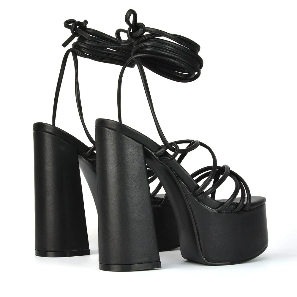 Estelle Lace Up Platform Chunky Sole Block Strappy High Heels in Black Synthetic Leather