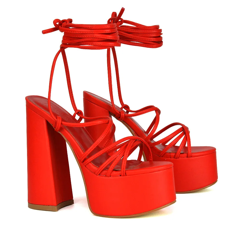 Estelle Lace Up Platform Chunky Sole Block Strappy High Heels in Black Synthetic Leather