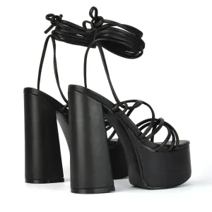Estelle Lace Up Platform Chunky Sole Block Strappy High Heels in Black Synthetic Leather