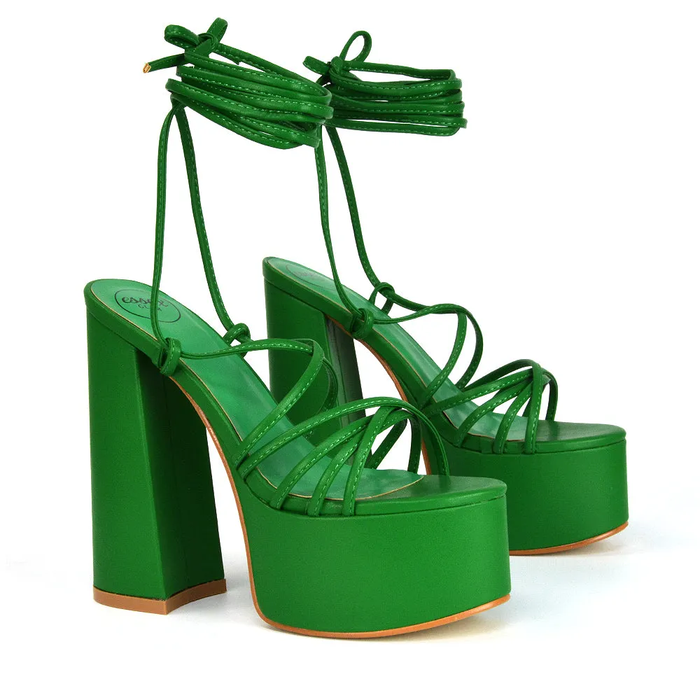 Estelle Lace Up Platform Chunky Sole Block Strappy High Heels in Black Synthetic Leather
