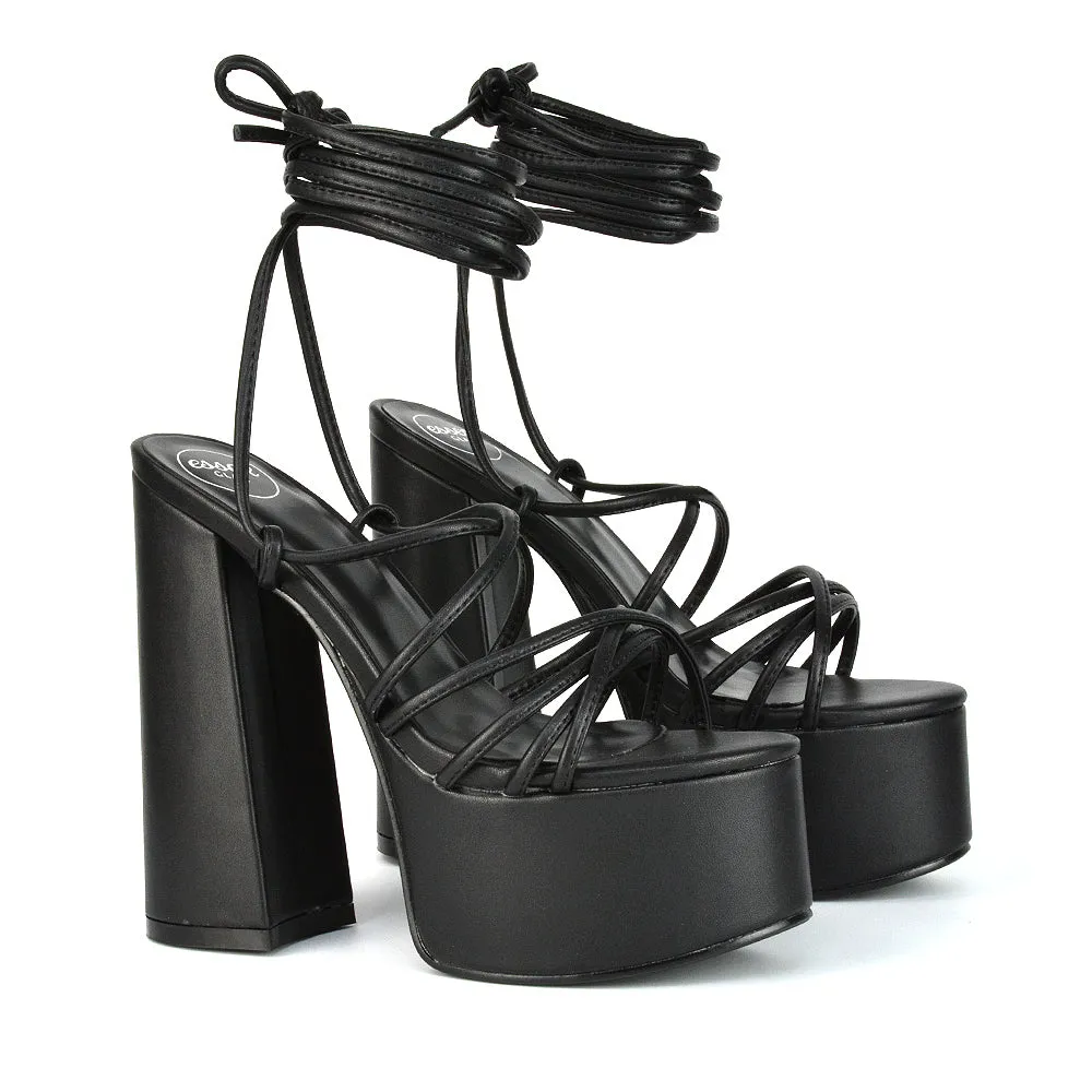 Estelle Lace Up Platform Chunky Sole Block Strappy High Heels in Black Synthetic Leather