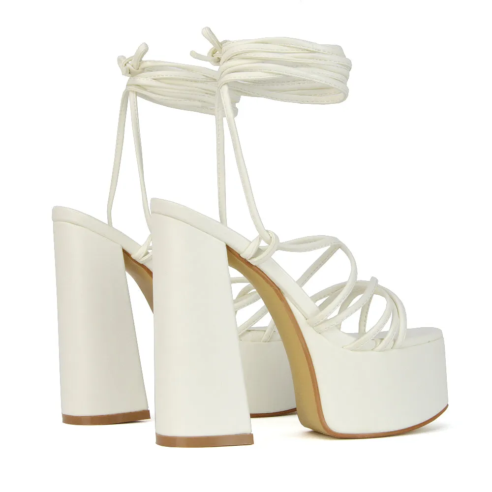 Estelle Lace Up Platform Chunky Sole Block Strappy High Heels in Black Synthetic Leather