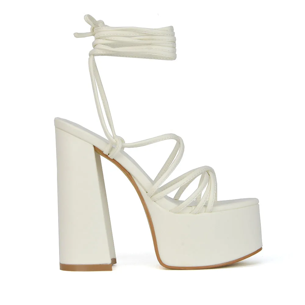 Estelle Lace Up Platform Chunky Sole Block Strappy High Heels in Black Synthetic Leather